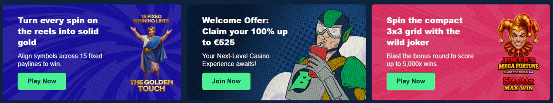 Betmac Casino promotional banners featuring The Golden Touch slot, 100% welcome bonus up to €525 and Joker's Mega Fortune with up to 5,000x wins